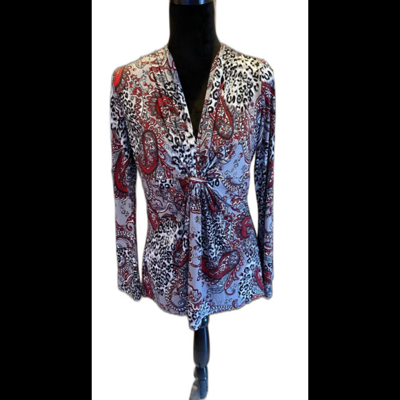 Bisou Bisou Womens Large Paisley Stretchy Black Red Bell Sleeve Boho Blouse Top - Picture 2 of 10